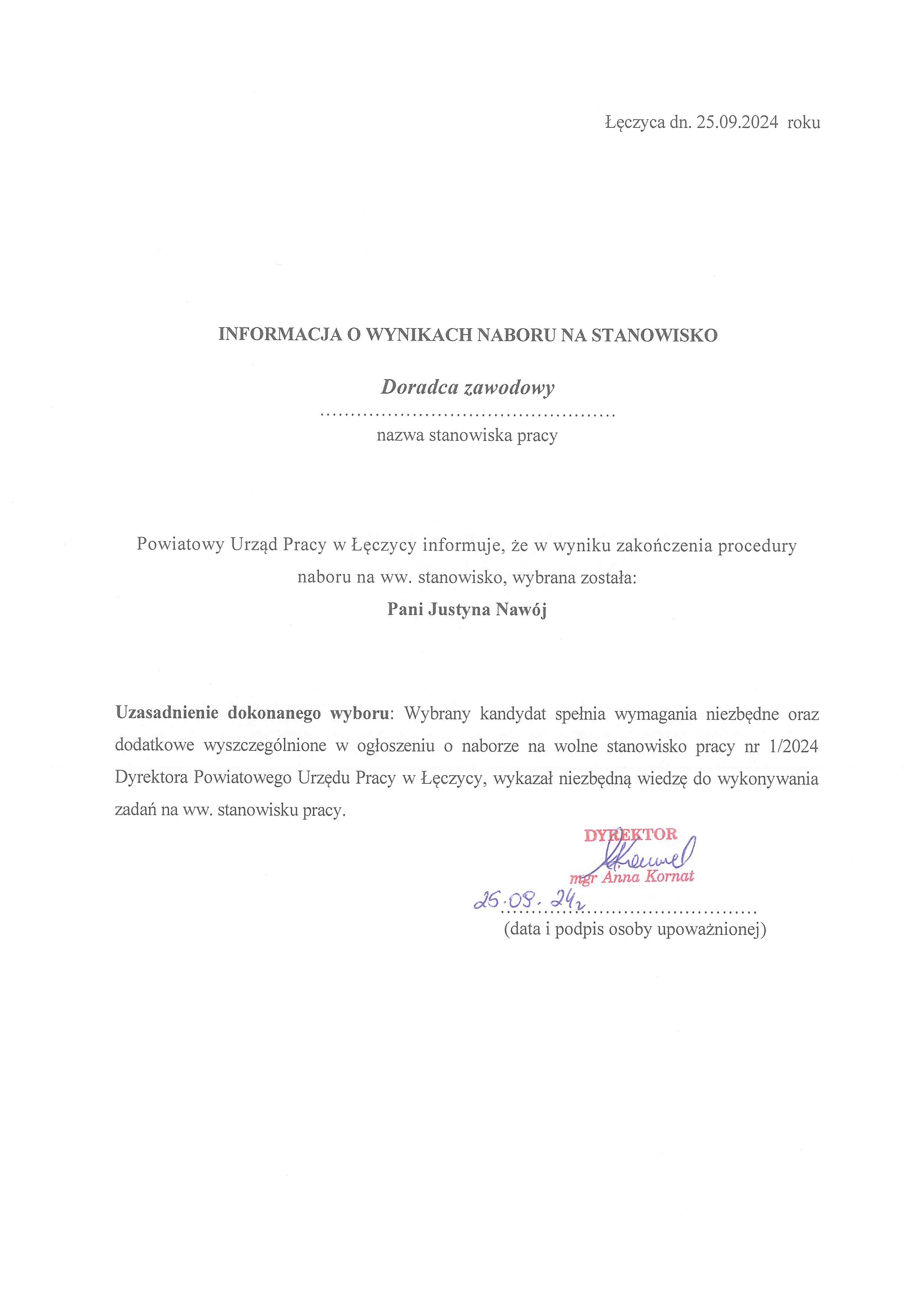 Informacja o wynikach naboru na stanowisko Doradca zawodowy.jpg