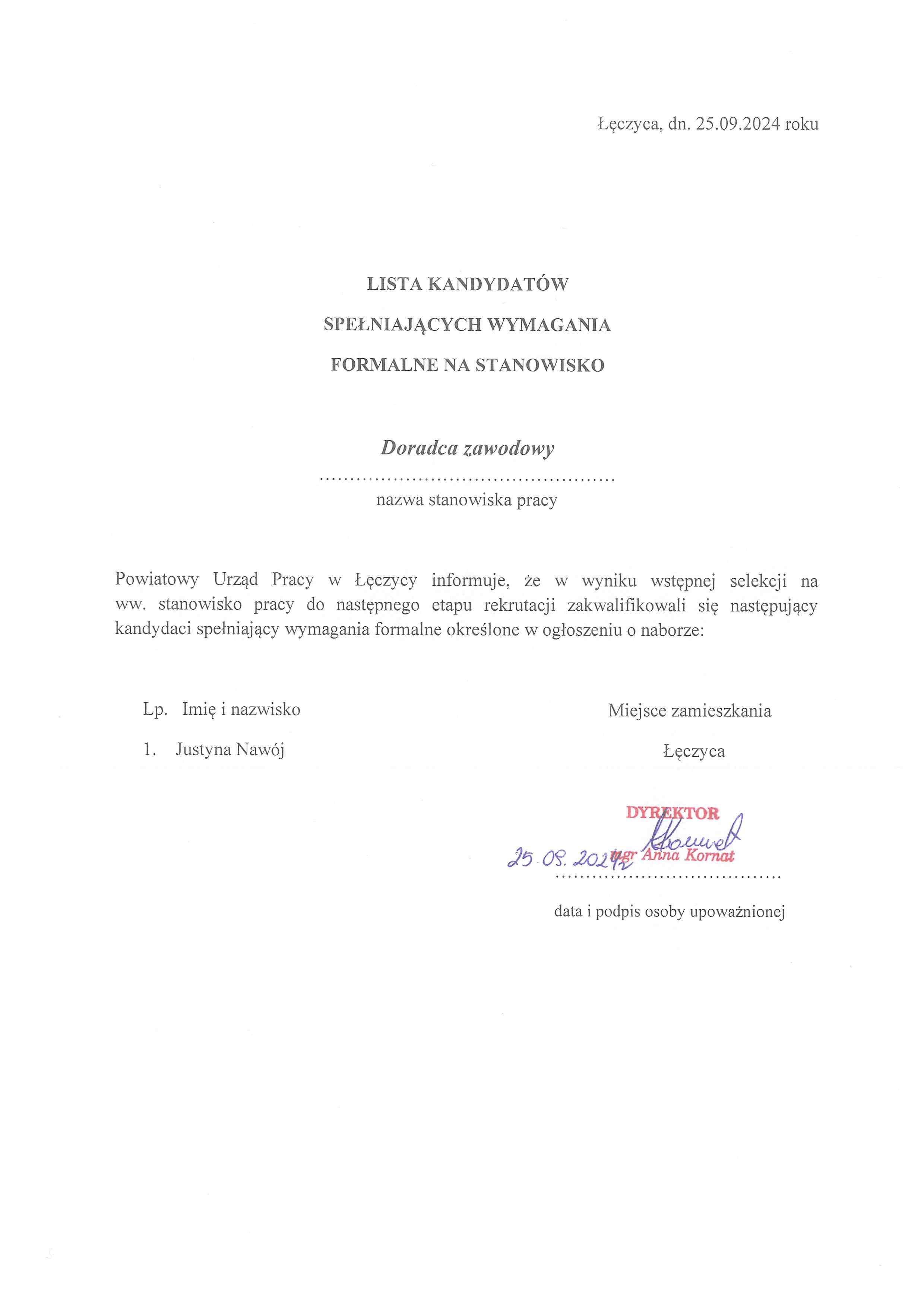 Lista kandydatów spełniających wymagania formalne na stanowisko Doradca zawodowy.jpg