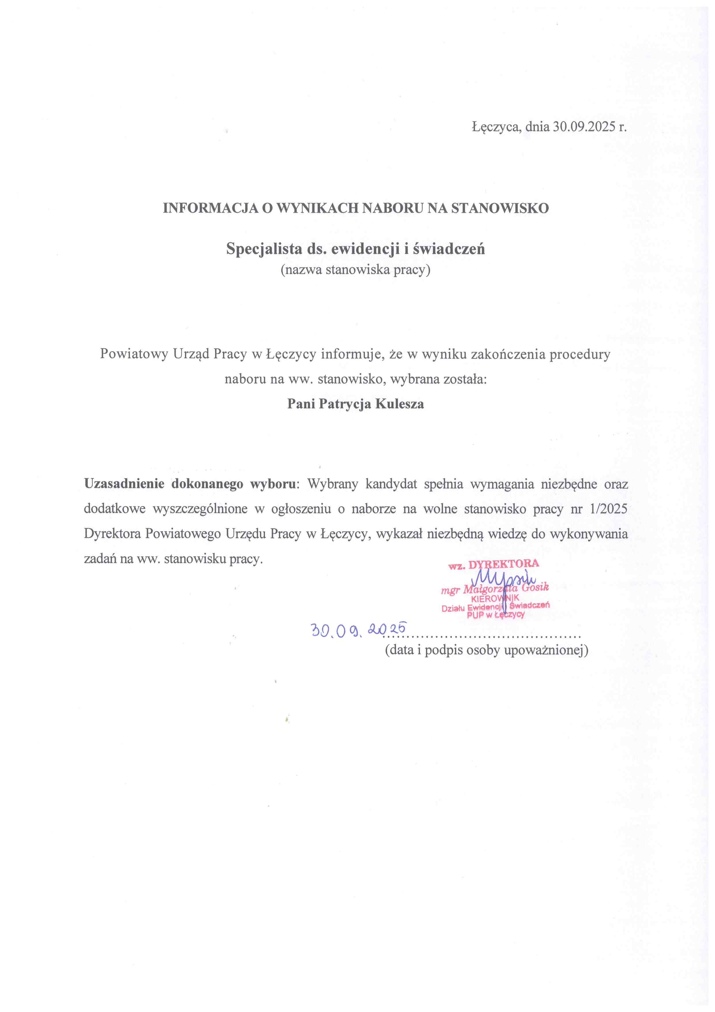 Informacja o wynikach naboru na stanowisko Specjalista ds. ewidencji i świadczeń.jpg